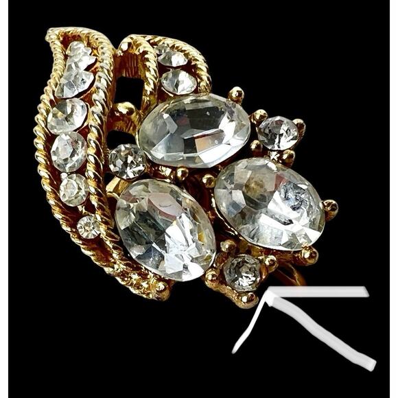 Crown Trifari Clip Earrings Clear Rhinestones Bright Sparkle Swirl Leaf Goldtone - Picture 10 of 11